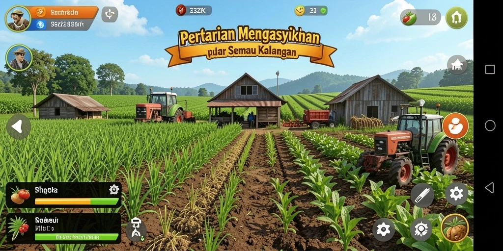 Tampilan gameplay <strong>33ZK</strong> menunjukkan ladang hijau yang subur dan aktivitas petani.