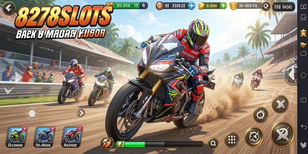 Tangkapan layar gameplay 8278SLOTS menampilkan balapan motor yang seru dan penuh aksi.