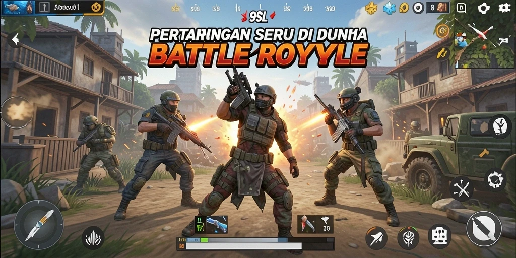 Screenshot utama 9SL menampilkan aksi Battle Royale yang mendebarkan.