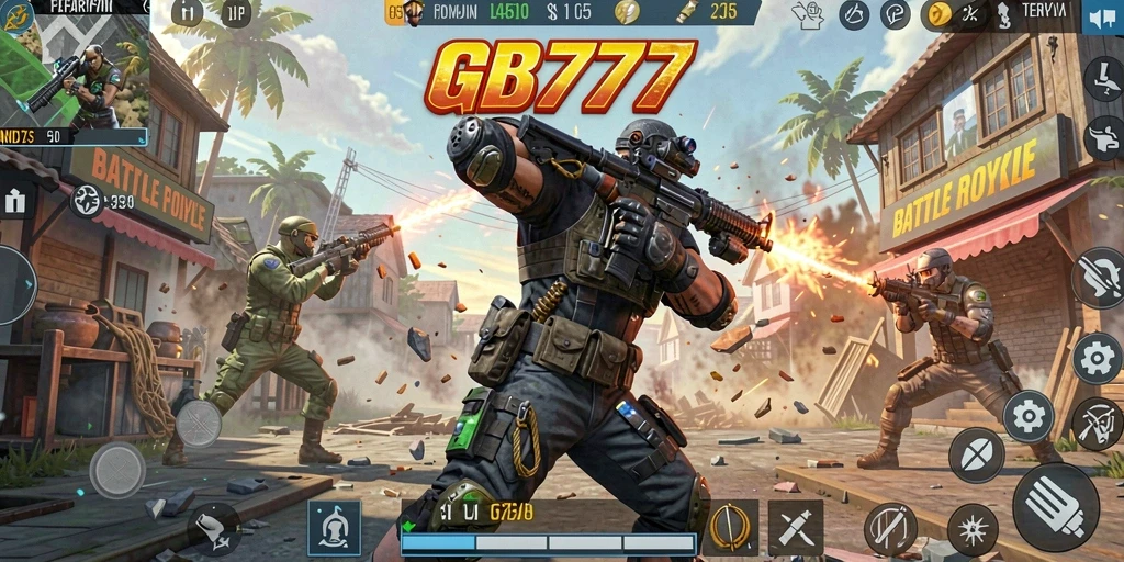 Tampilan gameplay utama GB777 dengan pertempuran intens Battle Royale.