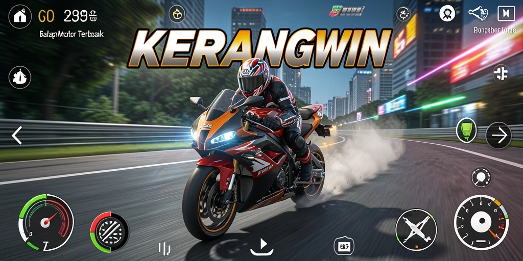 Tangkapan layar permainan KERANGWIN menampilkan aksi balap motor yang mendebarkan.