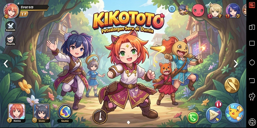 Tampilan gameplay KIKOTOTO dengan aksi karakter anime yang dinamis.
