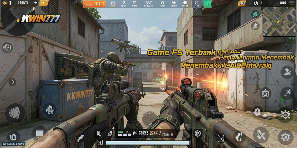 Tangkapan layar KKWIN777 menampilkan adegan pertempuran yang intens dalam game FPS.