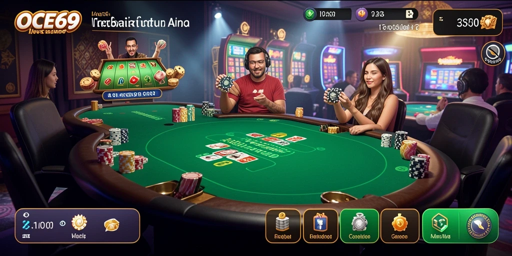 Tangkapan layar gameplay OCE69 dengan dealer langsung di meja kasino.