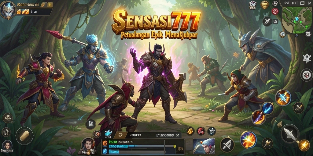 Screenshot gameplay SENSASI777 yang menunjukkan pertarungan epik karakter RPG.