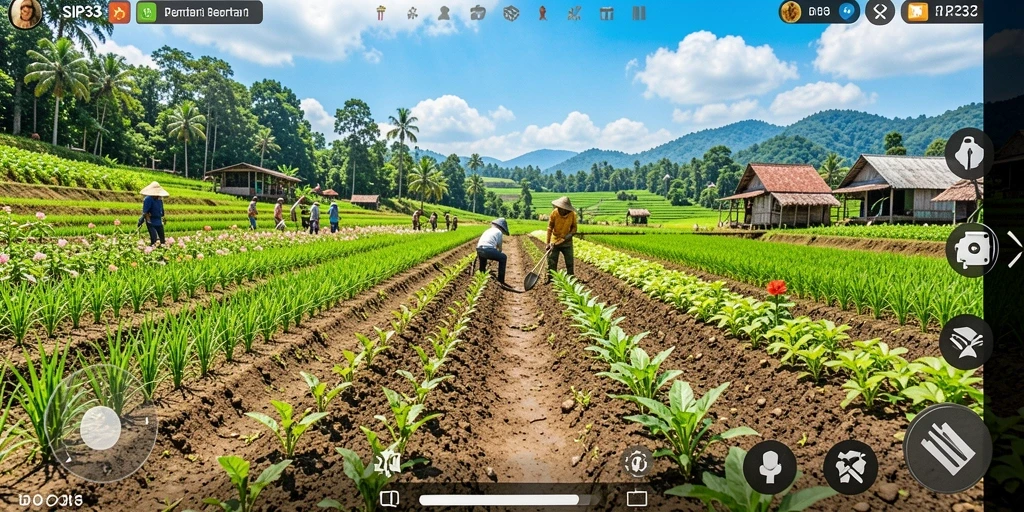 Screenshot SIP33 menampilkan ladang pertanian yang rimbun dan berwarna-warni.