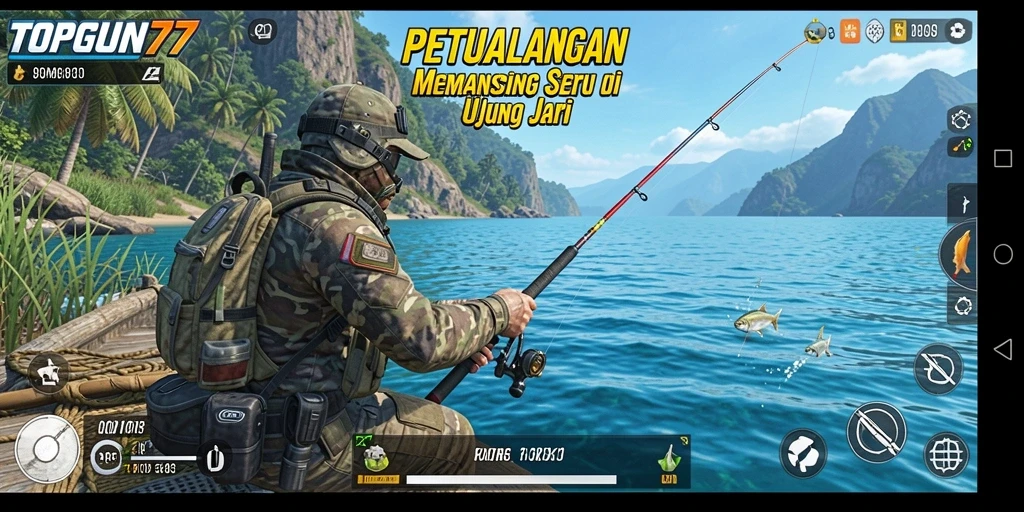 Screenshot menunjukkan pemain menangkap ikan besar dalam gameplay Fishing.